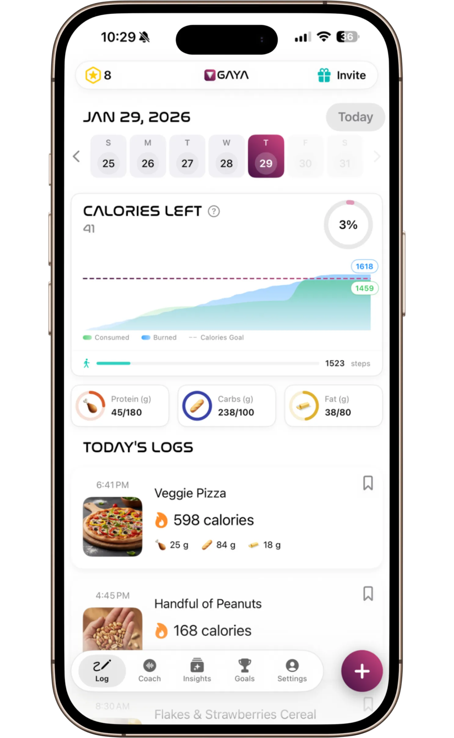GAYA nutrition breakdown showing calories, protein, carbs and fat from database