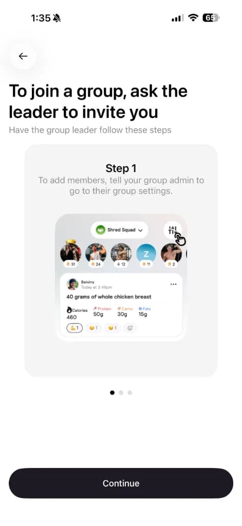 Cal AI groups — social feature where users share food logs and react. A social approach rather than private, personalized coaching.