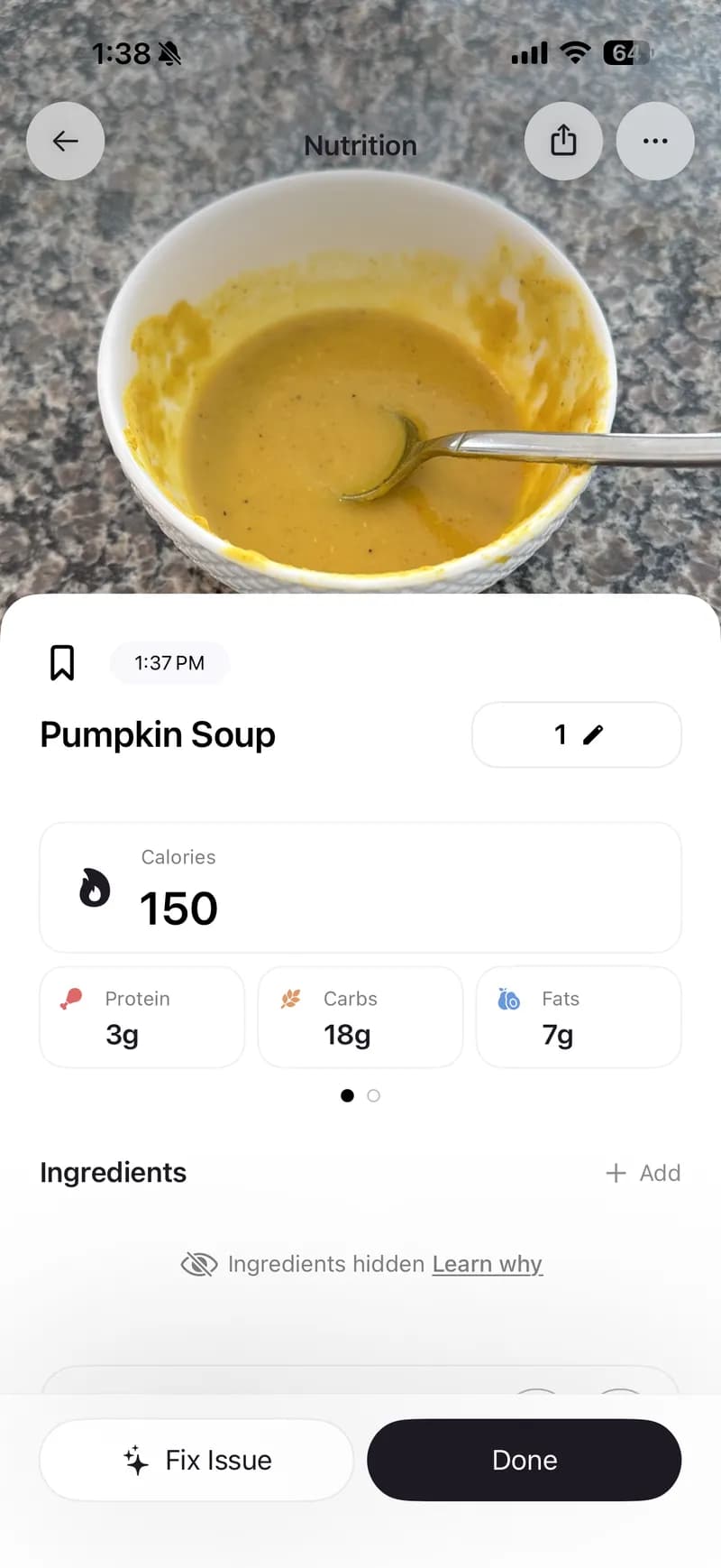 Cal AI nutrition detail — shows a meal with calorie count, but hides ingredient breakdown when the AI can't identify what's in the food.