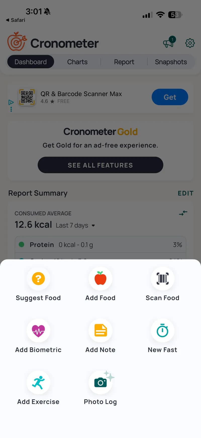 لوحة تحكم Cronometer - ملخص التقارير، نسب الماكروز، و٨ أزرار للإضافة السريعة. قوي ولكنه مربك.