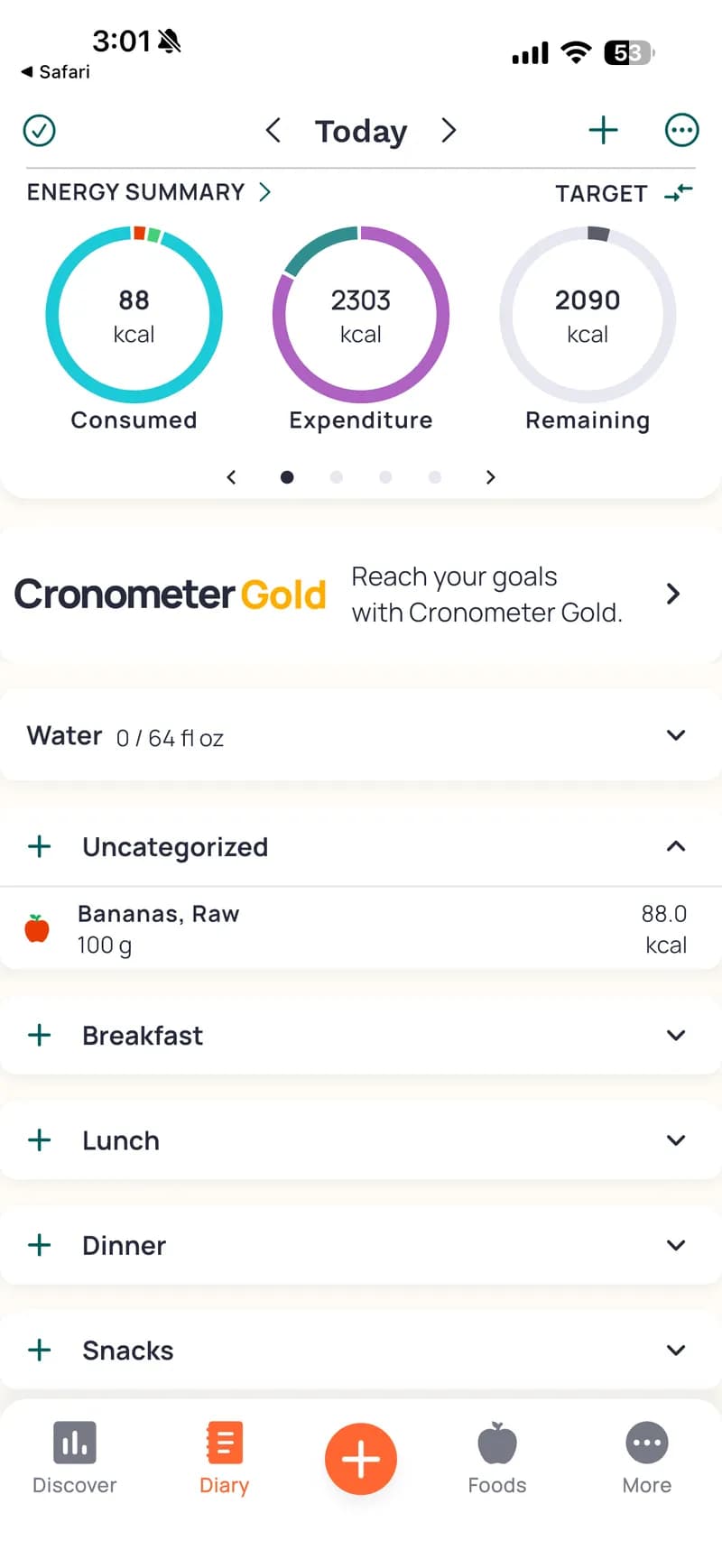 Cronometer-Tagebuch – Energie-Zusammenfassung (Donut-Diagramme), Banane protokolliert als „Bananas, Raw 100g“ mit 88 kcal. Alles manuelle Eingabe per Suche.