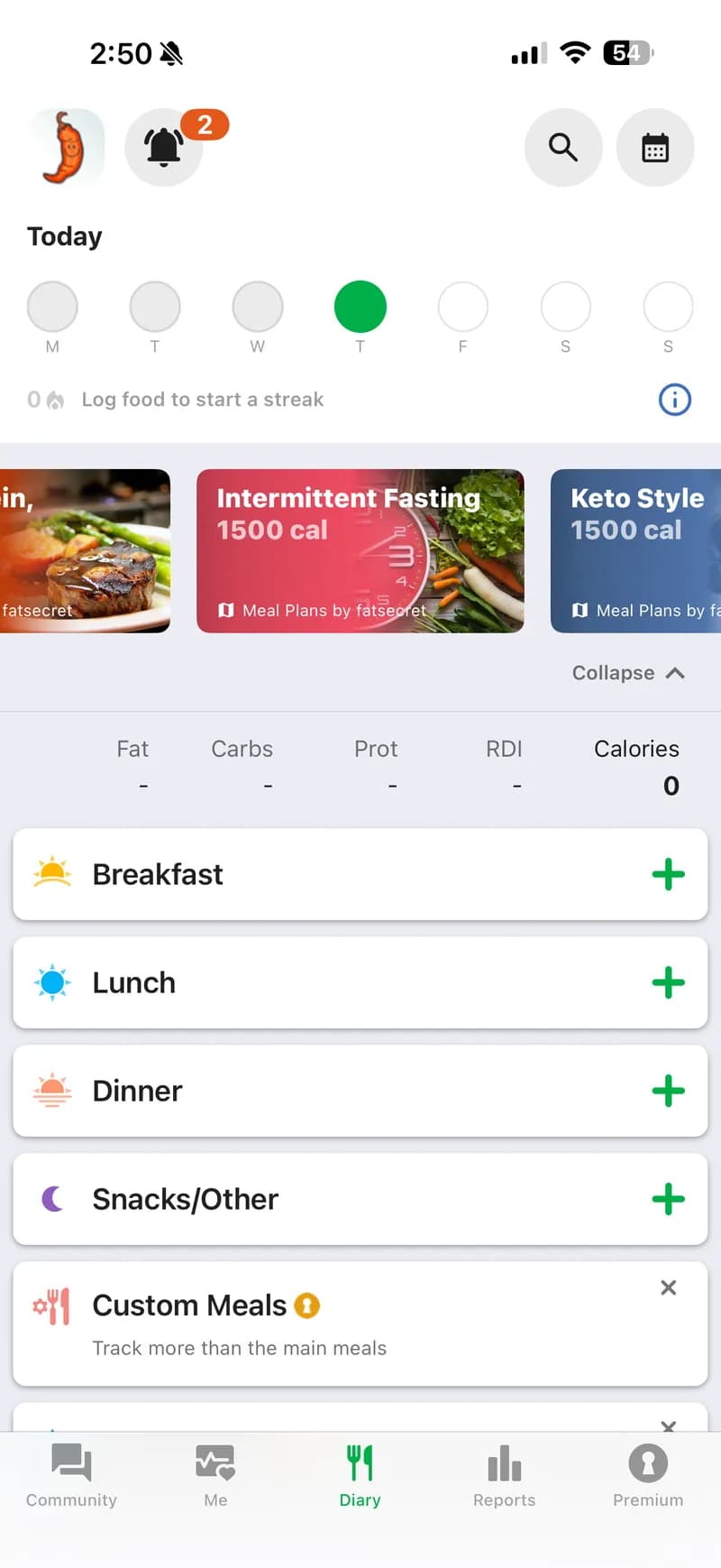 fatsecret's diary — empty Breakfast/Lunch/Dinner/Snacks slots. Tap + to manually search, select, and add each food item. Functional but tedious.