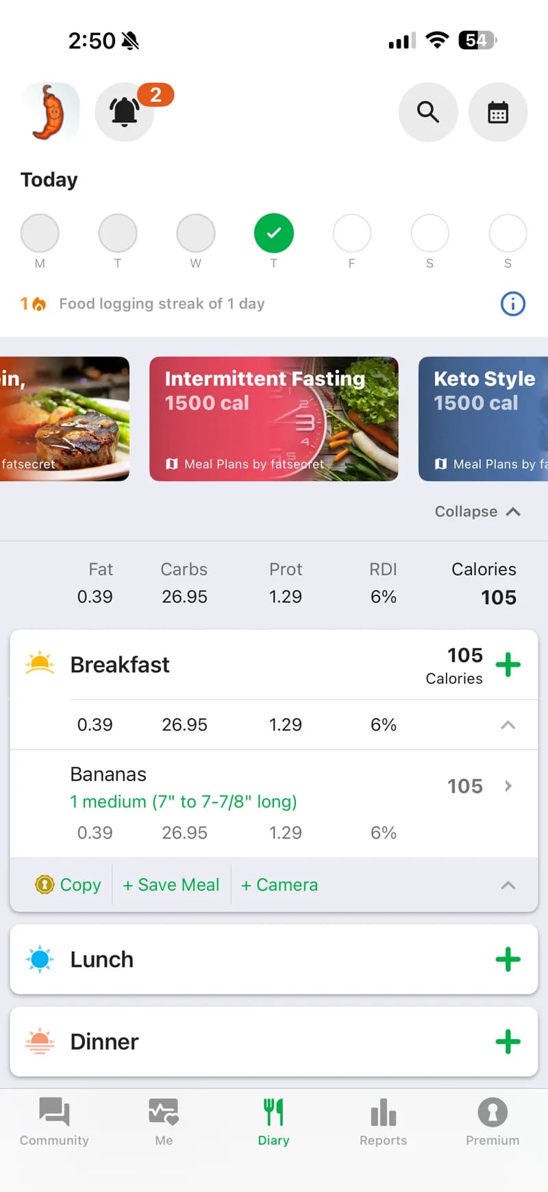 fatsecret — Banana logged as "1 medium (7" to 7-7/8" long)" showing 105 cal, 0.39g fat, 26.95g carbs, 1.29g protein, 6% RDI. Detailed but entirely manual.