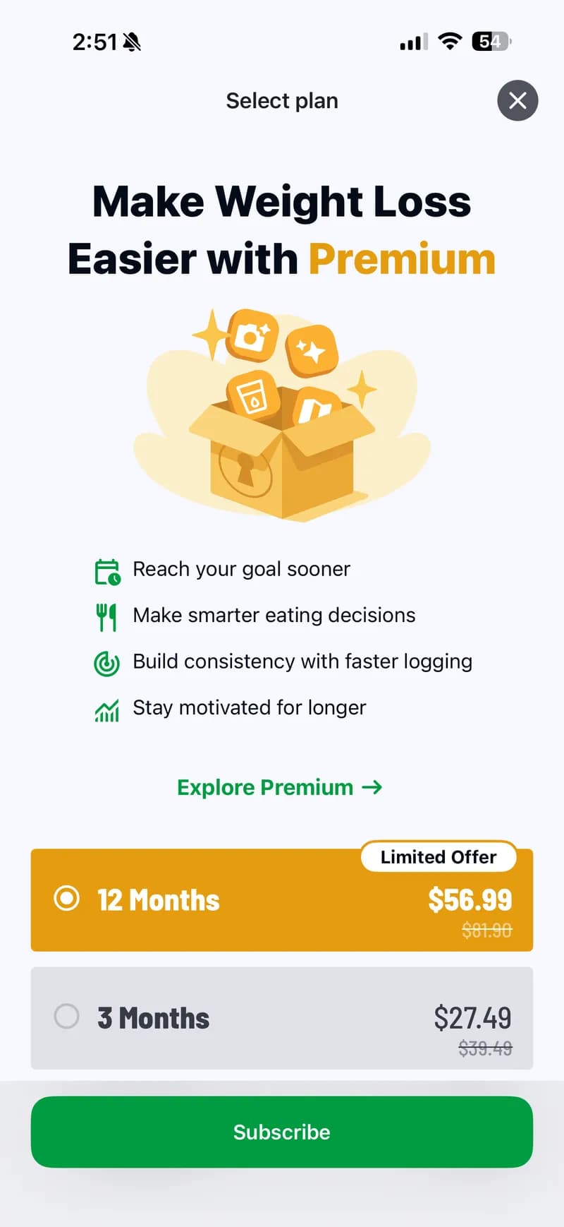 fatsecret Premium at $59.99/year — unlocks Smart Food Scan, Smart Assistant voice logging, goals, and ad-free experience. Core tracking is free.