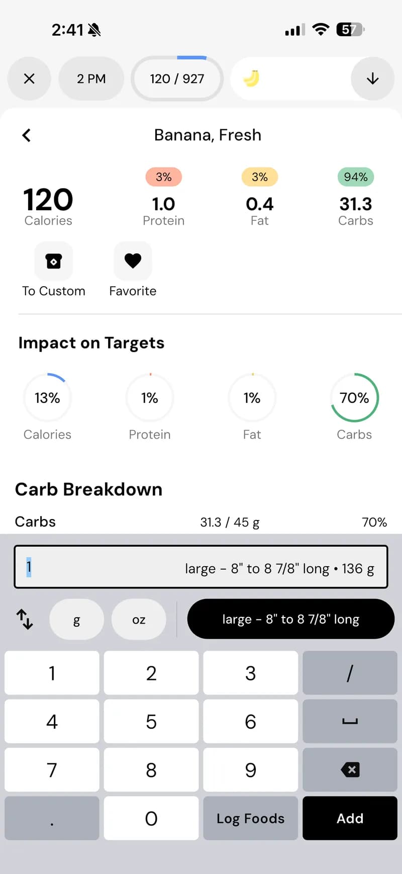 MacroFactor — Detailed food view showing Banana, Fresh: 120 cal, 1.0 Protein, 0.4 Fat, 31.3 Carbs. Impact on Targets shows % filled. Requires manual serving size selection.