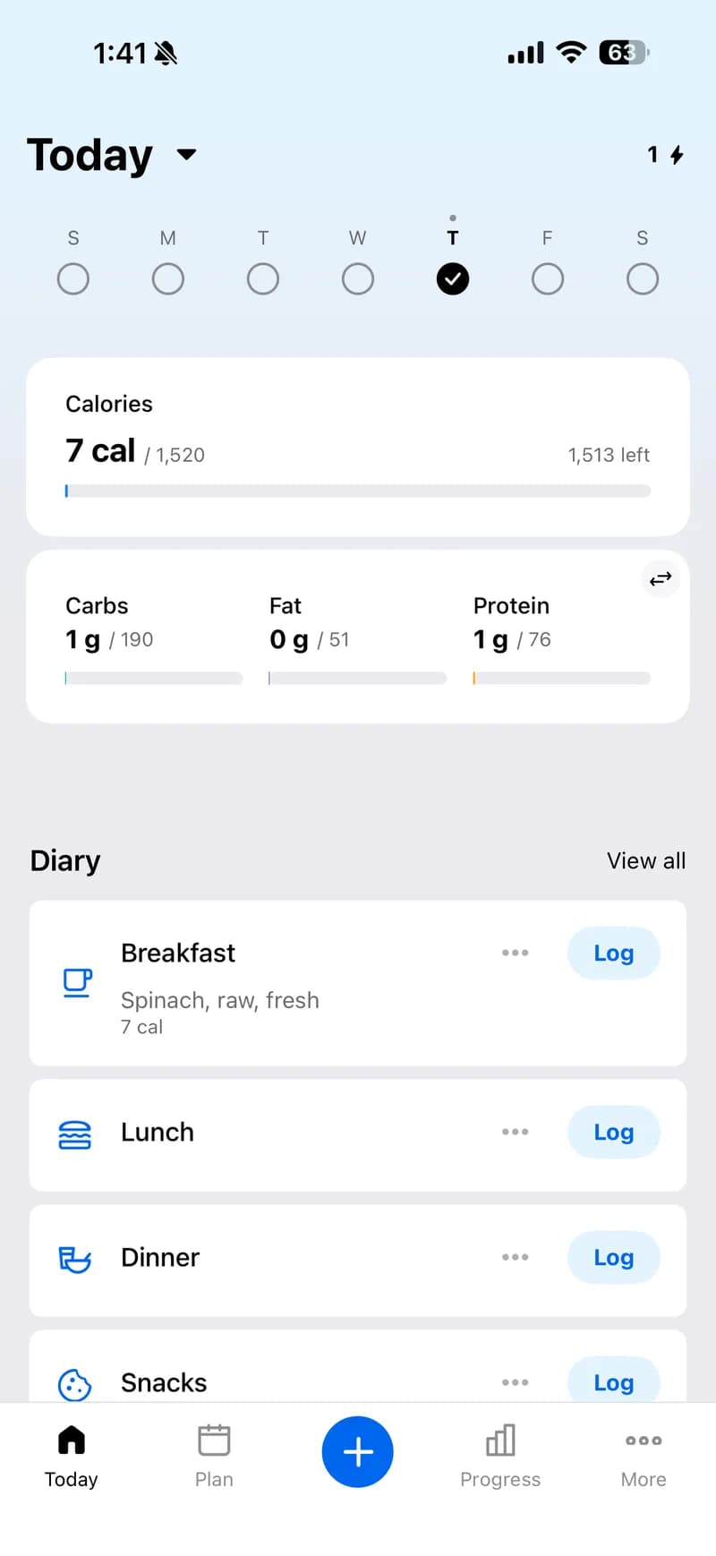 MFP diary — manual Breakfast/Lunch/Dinner/Snacks slots. You search for each food item, pick a serving size, and log it by hand.