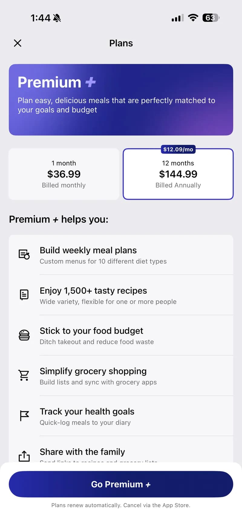 MyFitnessPal — باقة Premium+ بسعر ٩٩.٩٩ دولاراً في السنة تشمل خطط الوجبات والوصفات وقوائم التسوق. باقة Premium بسعر ٧٩.٩٩ دولاراً تشمل Meal Scan و Voice Log. لا يوجد تدريب بالذكاء الاصطناعي أو توجيه شخصي.