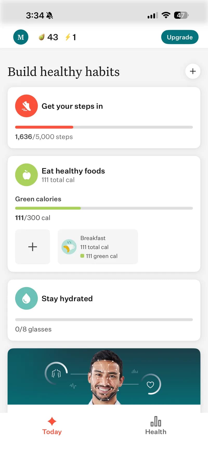 Noom — 'Build healthy habits' dashboard with step tracker (1,636/5,000), food tracker (111/300 green cal), hydration (0/8 glasses), Face Scan card, 'Insights from Welli' chatbot (BETA), and a GLP-1 Microdose supplement ad.