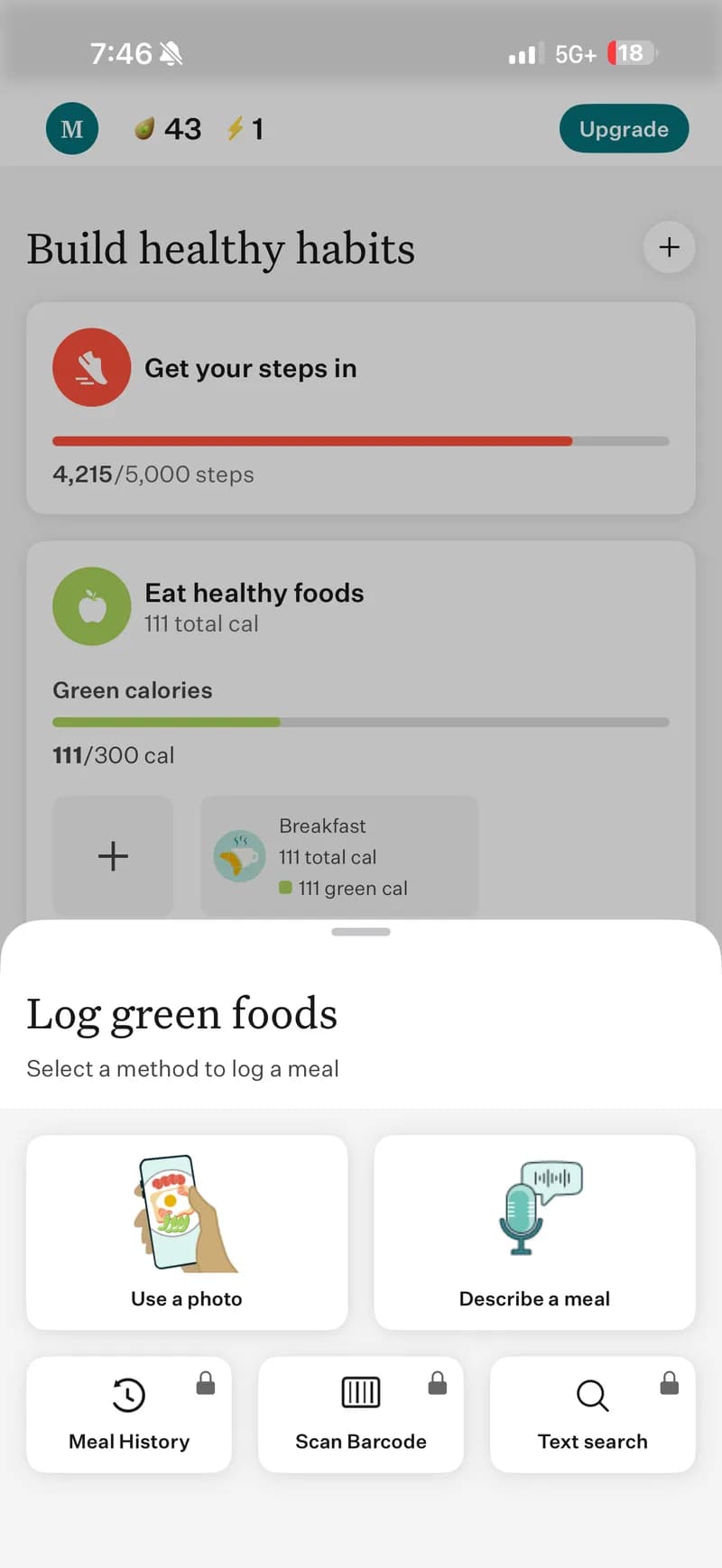 Noom's logging screen: Photo and Describe are free, but Barcode, Search, and Meal History are locked behind the $199+/yr paywall.