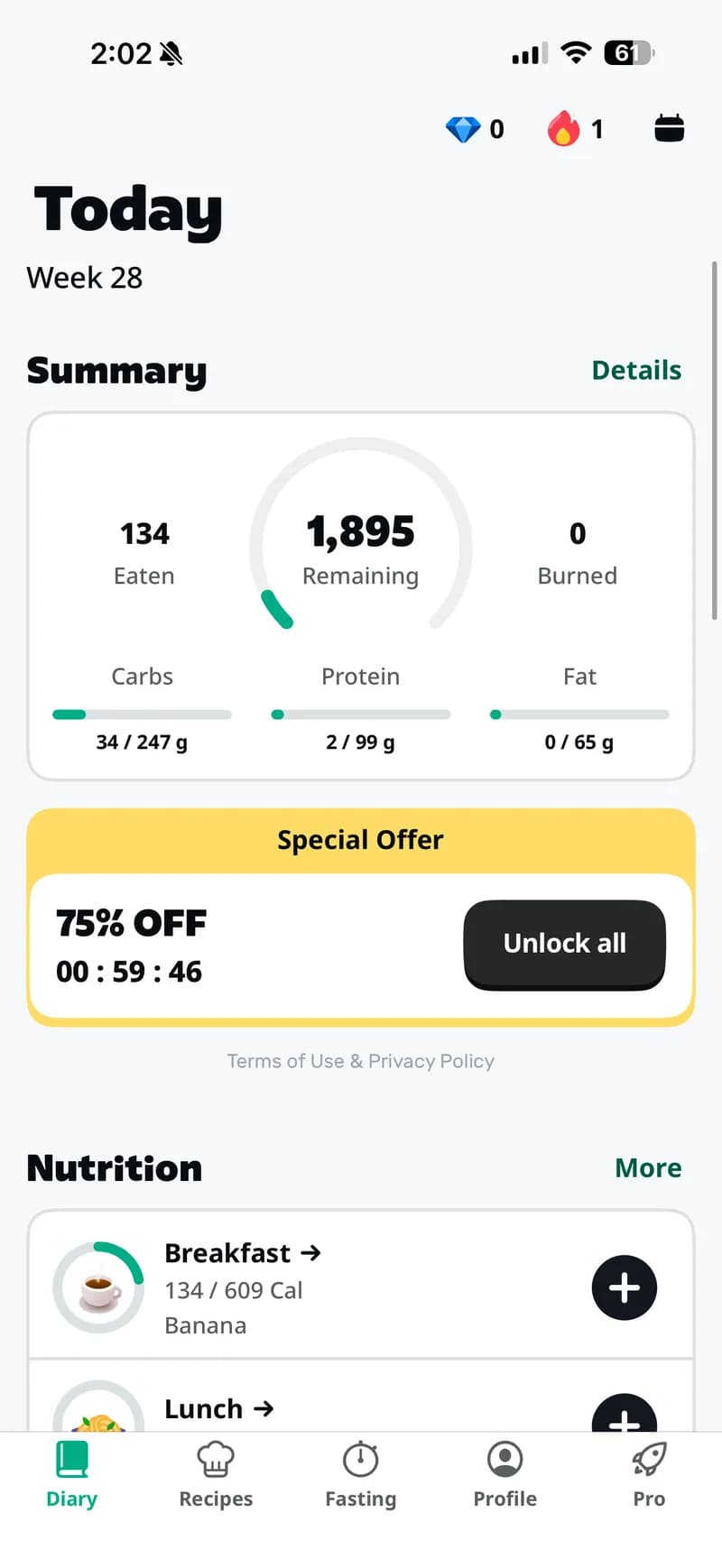 Yazio — Diary view with calorie ring (134 Eaten, 1,895 Remaining), macro bars for Carbs/Protein/Fat, and meal slots for Breakfast/Lunch. Note the "75% OFF" upsell banner with countdown timer mid-screen.