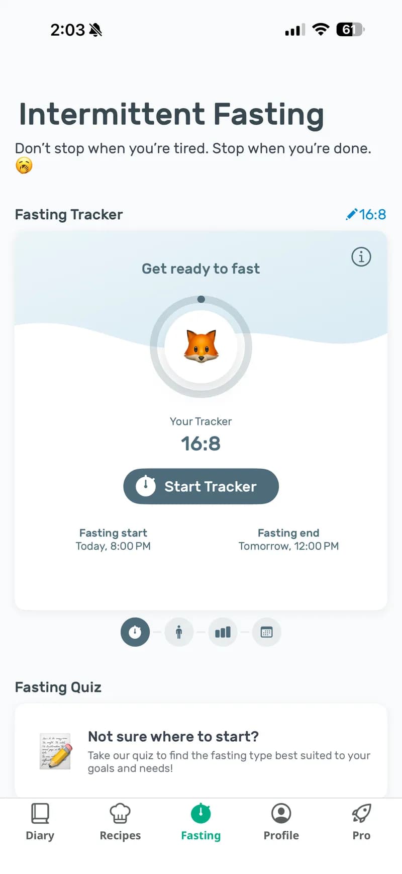 Tracker del digiuno 16:8 di Yazio — timer con mascotte volpe, quiz sul digiuno e monitoraggio della chetosi. Una delle integrazioni di digiuno intermittente più complete disponibili in un'app contacalorie.