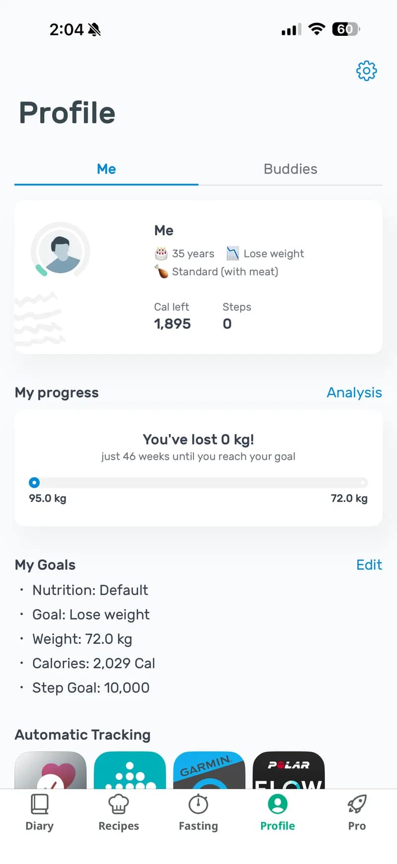 Yazio — Profile page showing weight progress (95→72 kg goal, 46 weeks), static goal list (Calories: 2,029, Steps: 10,000), and integrations with Garmin/Polar. No personalized insights or coaching feedback.