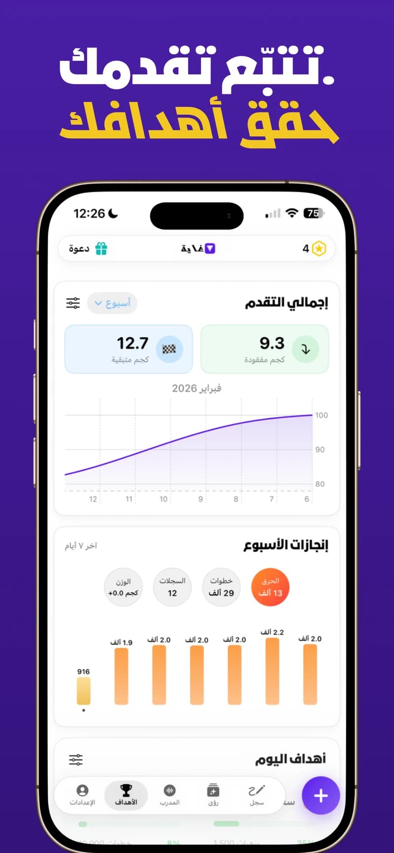 GAYA goals dashboard showing weight loss progress and macro tracking