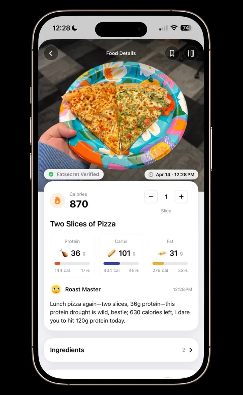 GAYA app showing food photo logging with automatic calorie detection