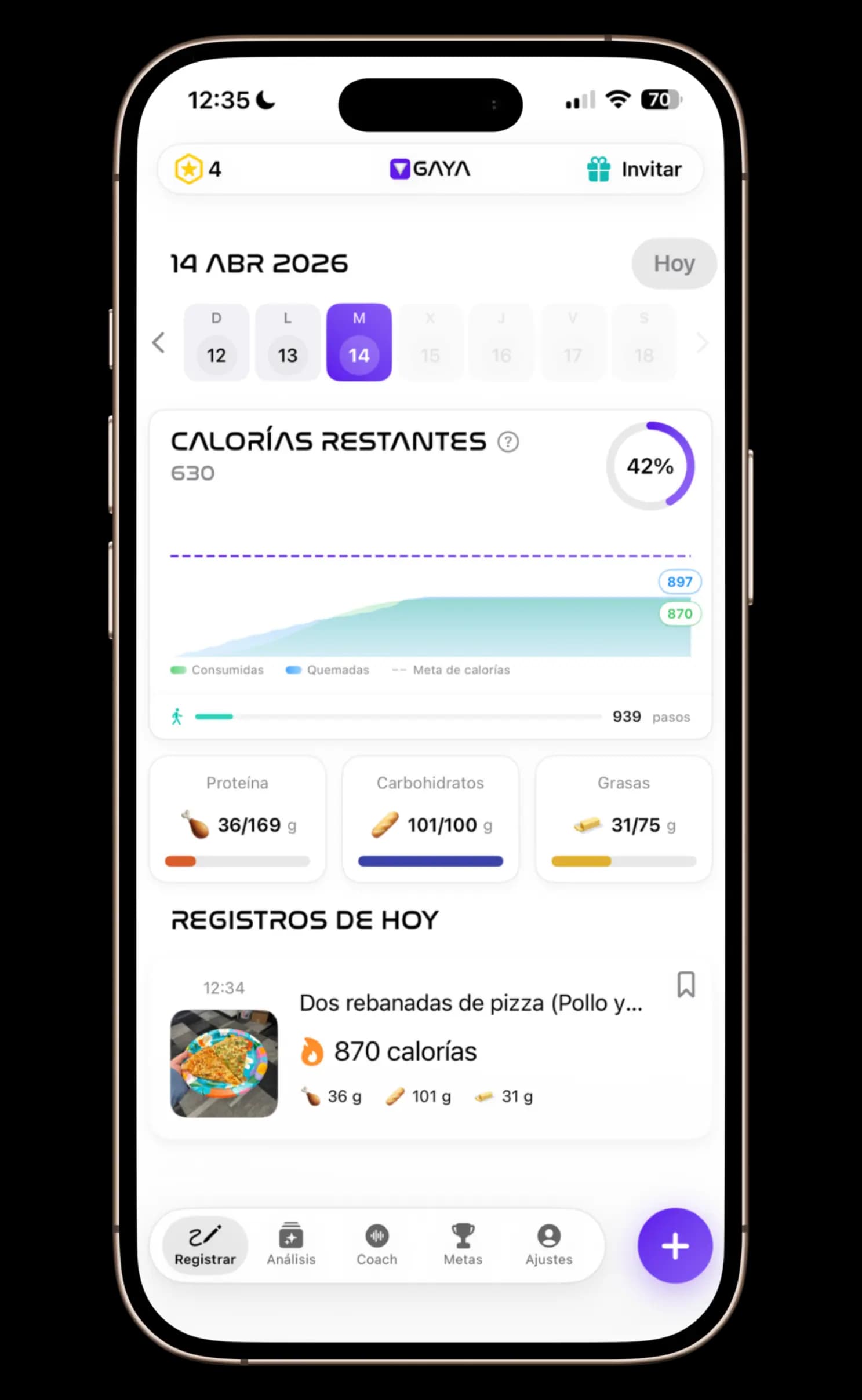 Panel de reconocimiento de macros que muestra calorías y desglose nutricional