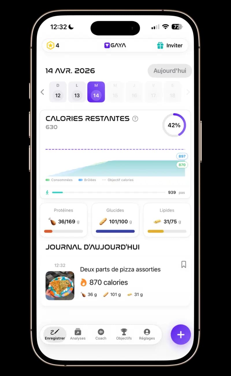 GAYA — Tableau de bord complet avec calories consommées vs brûlées, répartition des macros avec barres de progression, historique des repas avec photos, et suivi des pas. Aucune bannière promotionnelle — juste vos données.