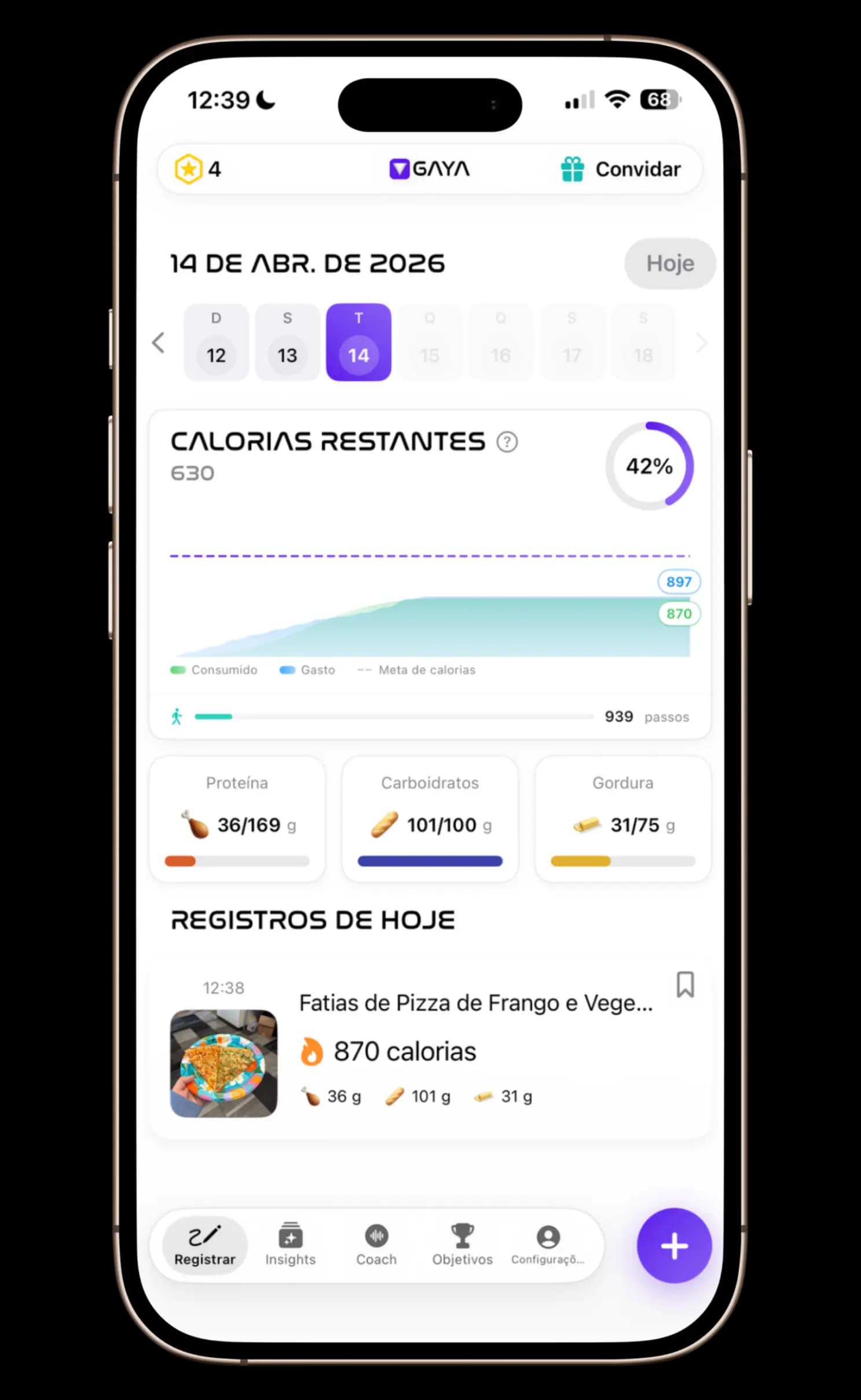 Painel de reconhecimento de macros mostrando calorias e detalhamento nutricional