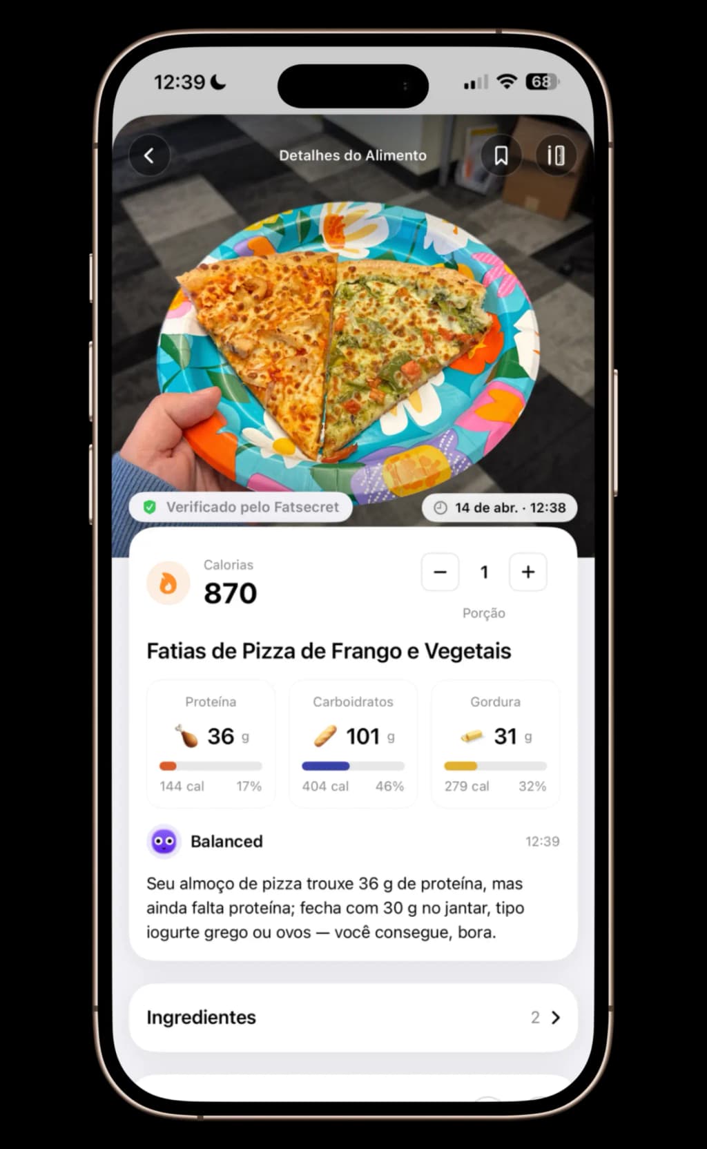 GAYA — Resultados instantâneos com cada ingrediente identificado a partir da sua foto, detalhamento completo de macros e feedback do coach — tudo em menos de 15 segundos.