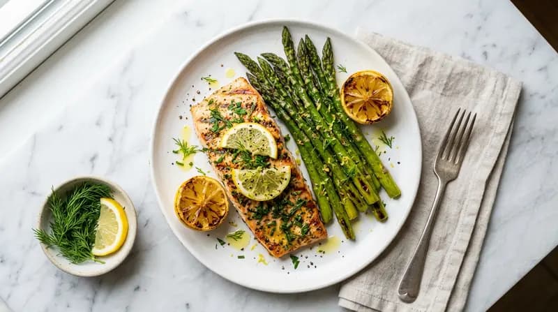 レモンハーブ香るサーモンのグリルとアスパラガスのロースト