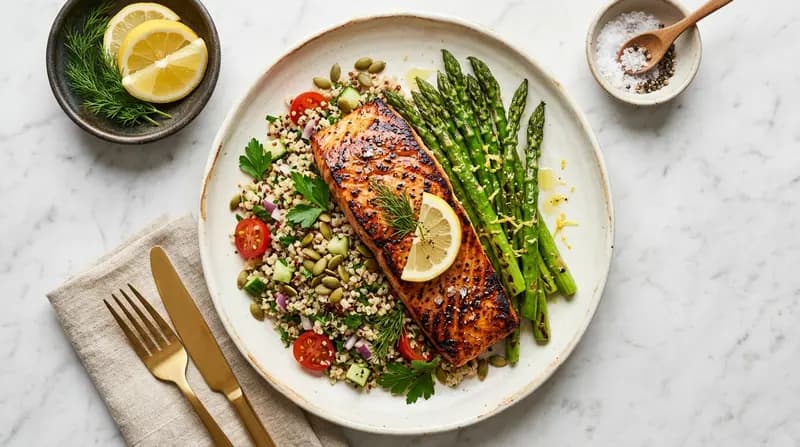 サーモンのグリル、キヌアとアスパラガス添え