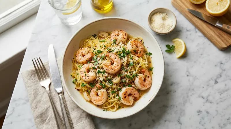 シュリンプスキャンピ、スパゲッティスクワッシュ添え