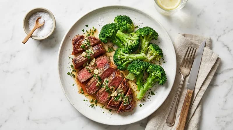 Tagliata di Manzo al Burro all'Aglio e Broccoli