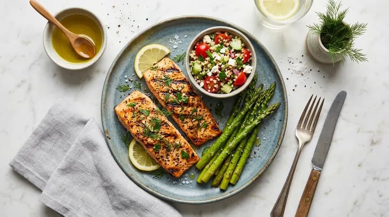 レモンハーブ風味のグリルサーモンとアスパラガス添え