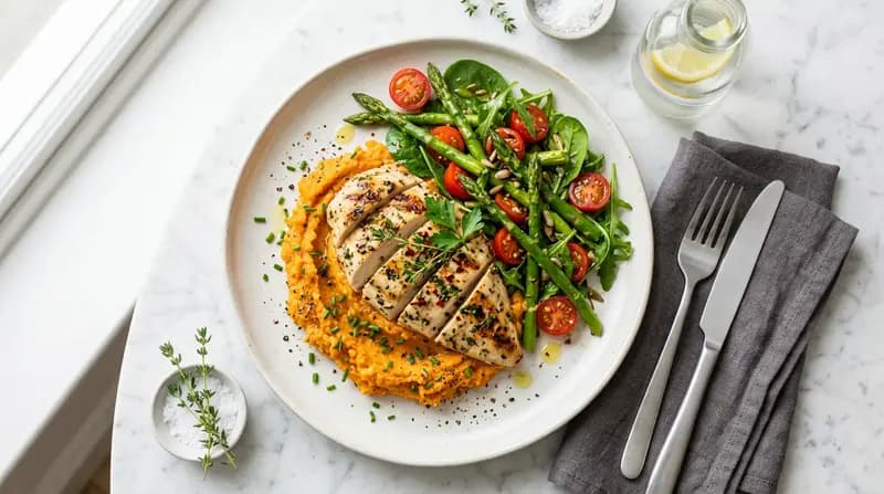 Gegrilltes Hähnchen mit Süßkartoffelstampf