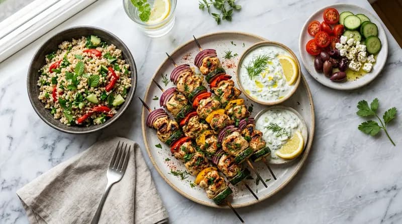 In griechischem Joghurt marinierte Hähnchenspieße