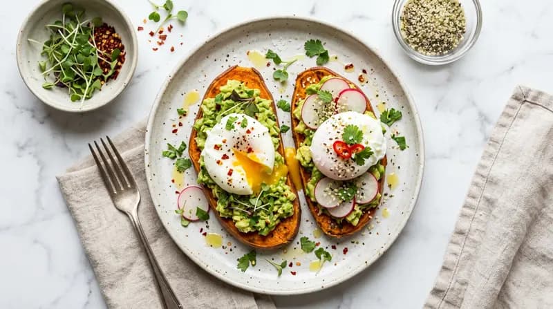 아보카도와 달걀을 곁들인 고구마 토스트