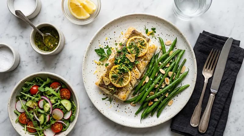 檸檬烤鱈魚配蒜味四季豆