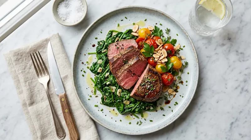 Solomillo de Res con Espinacas Salteadas