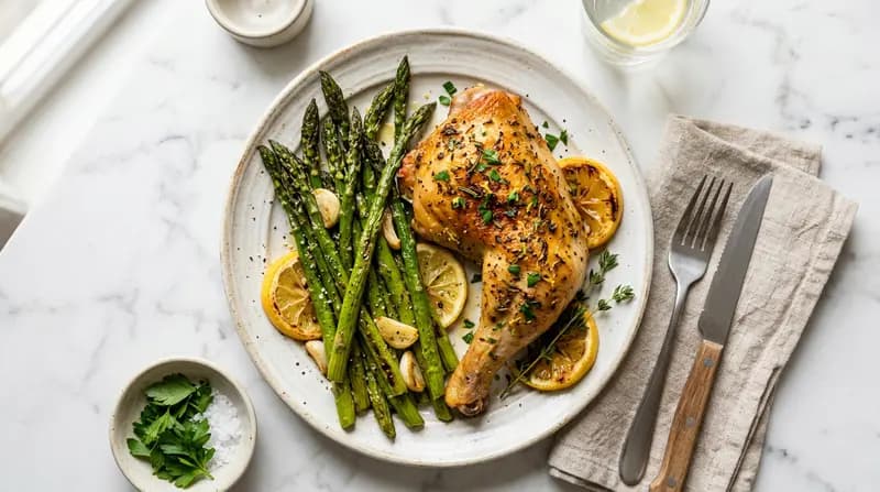 Poulet rôti au citron et aux herbes avec asperges