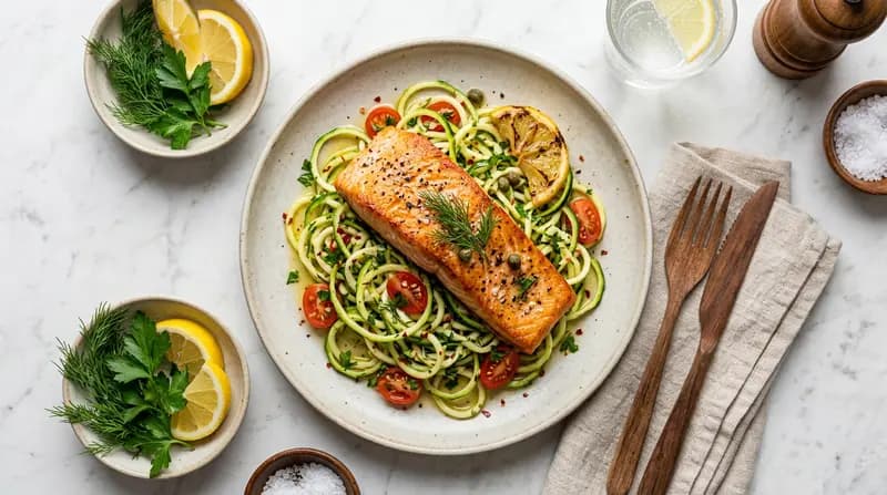 Saumon poêlé et nouilles de courgettes
