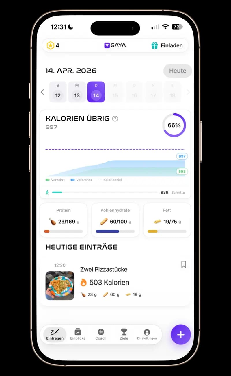 GAYA — Vollständiges Dashboard mit verbrauchten vs. verbrannten Kalorien, Makro-Fortschrittsbalken, Mahlzeitenverlauf mit Fotos und Schrittzähler – alles ausgefüllt durch ein einziges Foto.