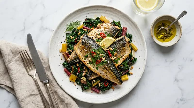 근대 볶음을 곁들인 고등어