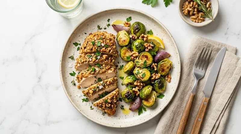 호두를 입힌 치킨과 방울양배추