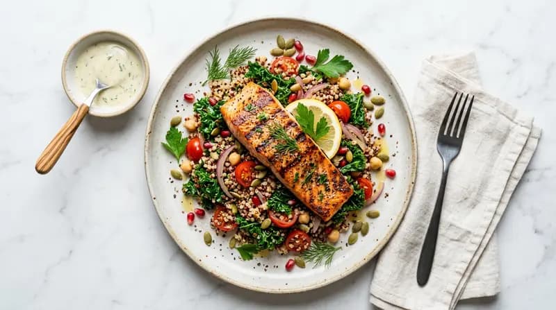 퀴노아와 케일을 곁들인 연어 구이