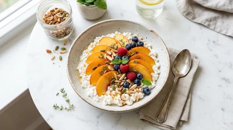 Hüttenkäse mit Pfirsichspalten