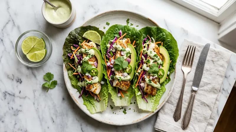 Tacos de Peixe Branco em Wraps de Alface