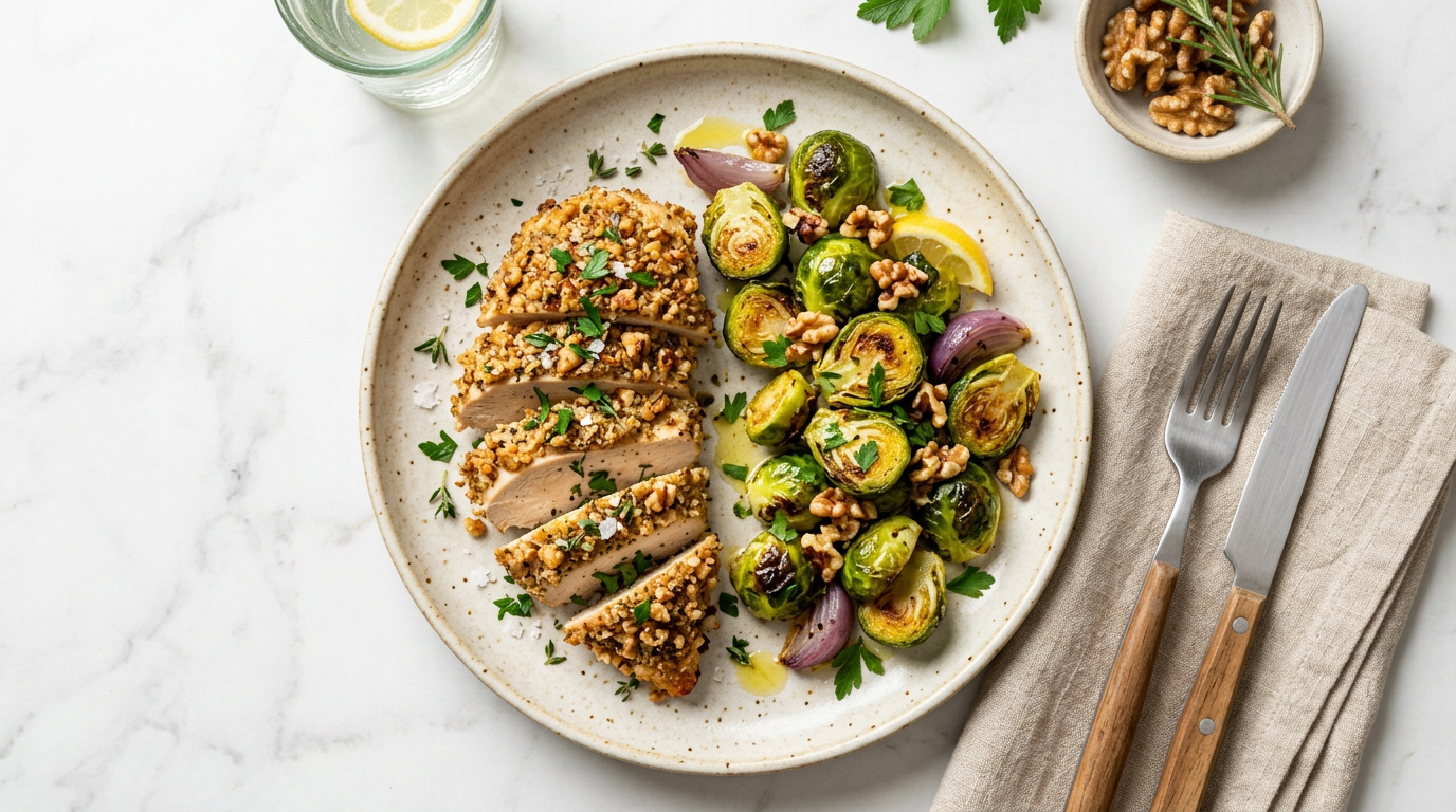 Walnut-Crusted Chicken with Brussels Sprouts