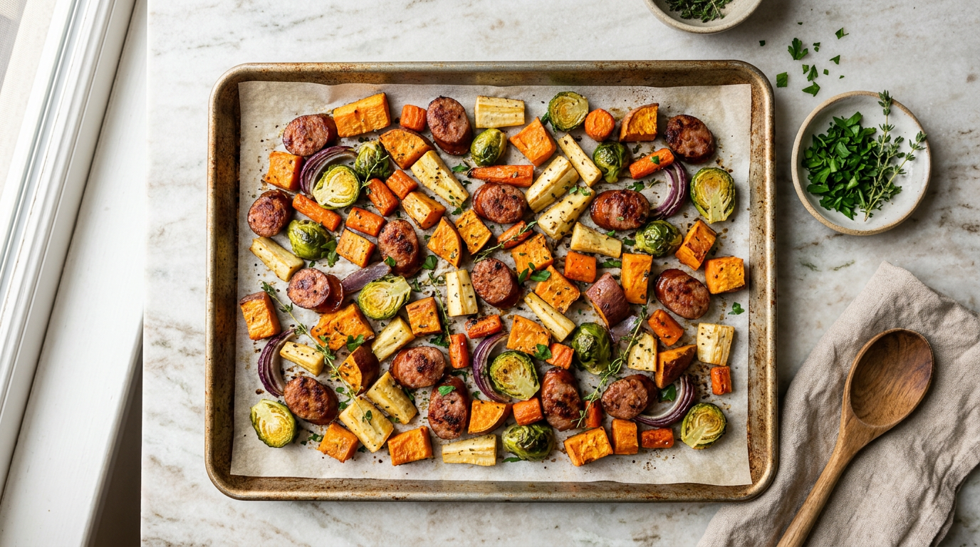 Roasted Root Veg & Sausage Sheet Pan