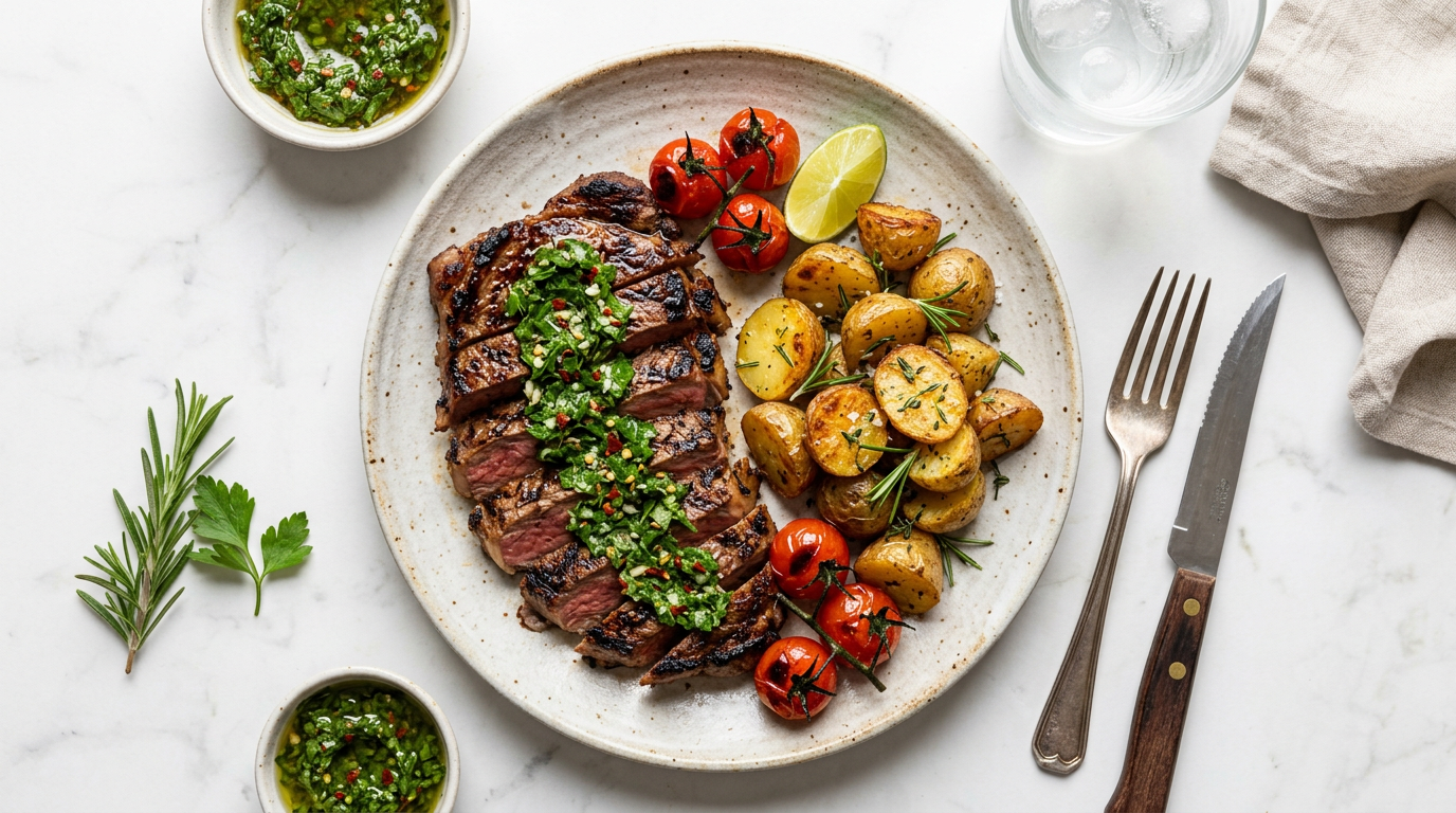 Grilled Steak with Chimichurri and Roasted Potatoes