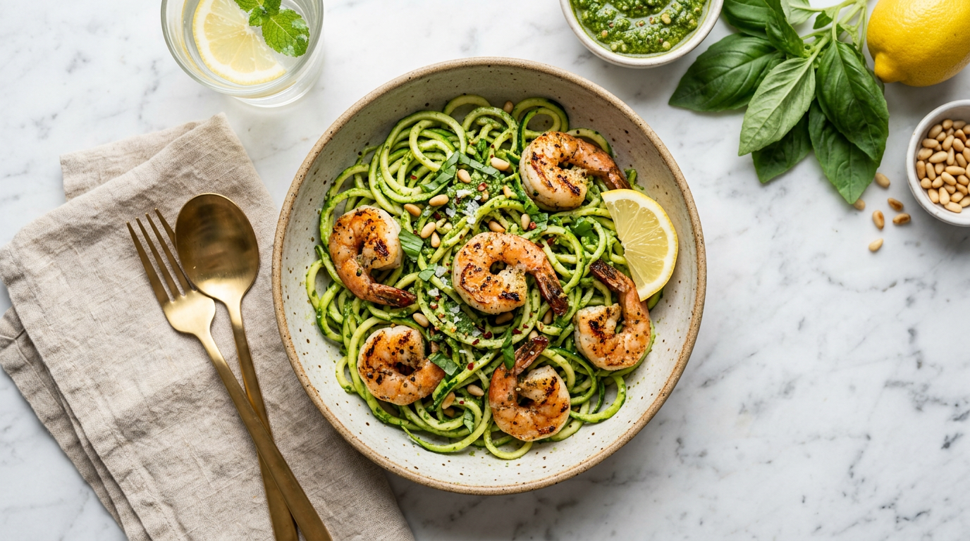 Zucchini Noodles with Pesto and Grilled Shrimp