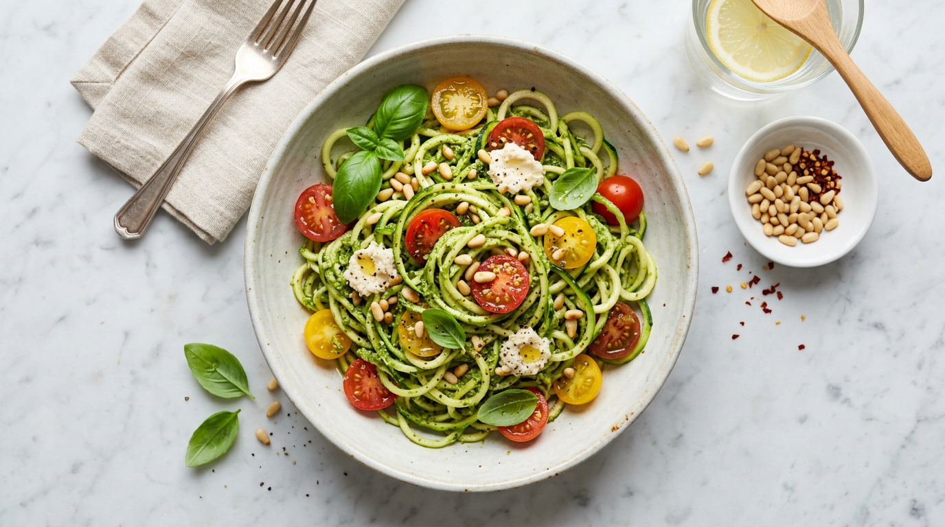 Zucchini Noodles with Pesto and Cherry Tomatoes
