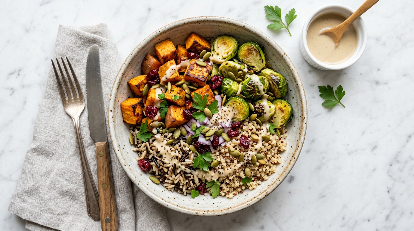 Roasted Sweet Potato and Brussels Sprouts Bowl