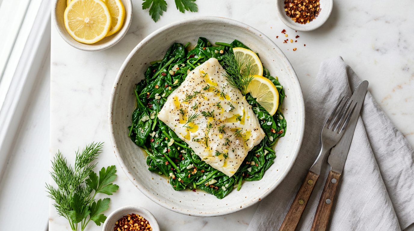 Baked Cod with Sautéed Spinach