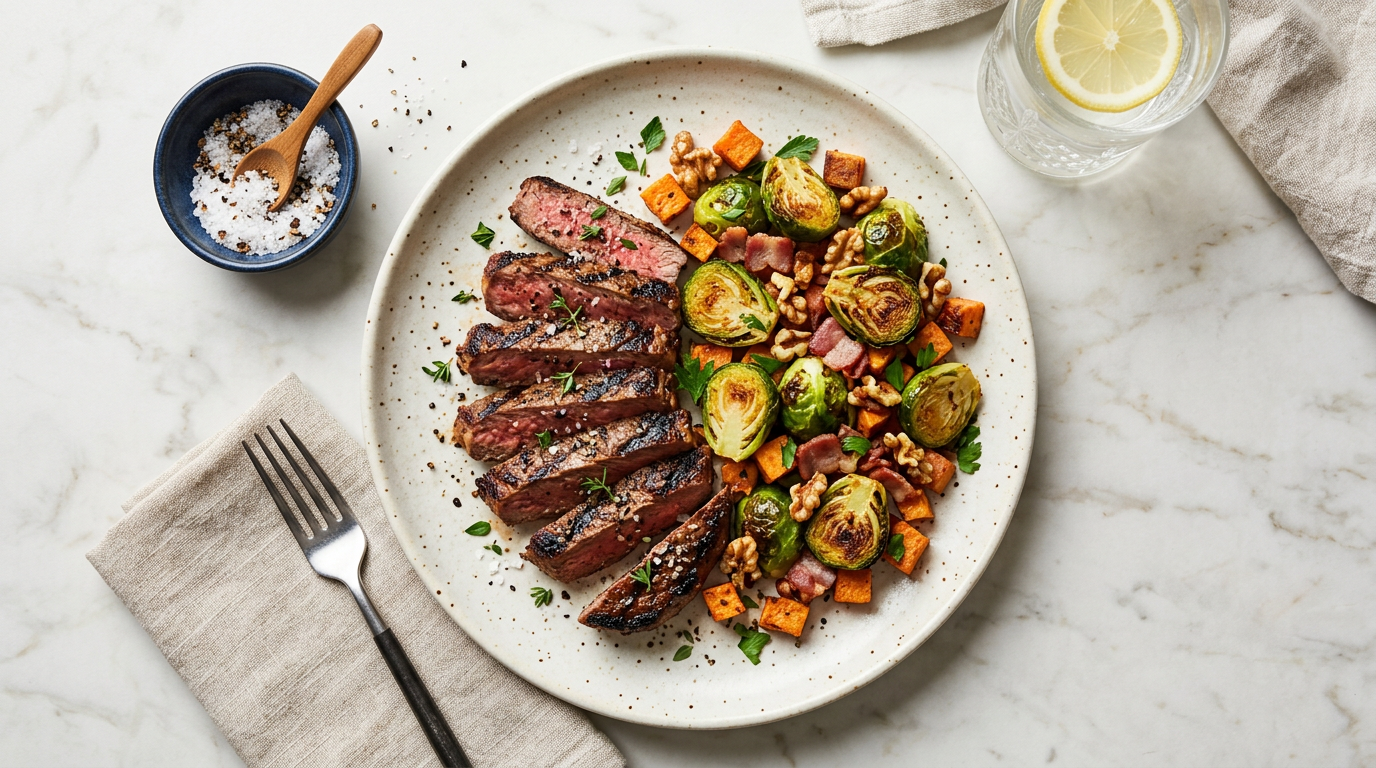 Grilled Steak Strips with Brussels Sprouts