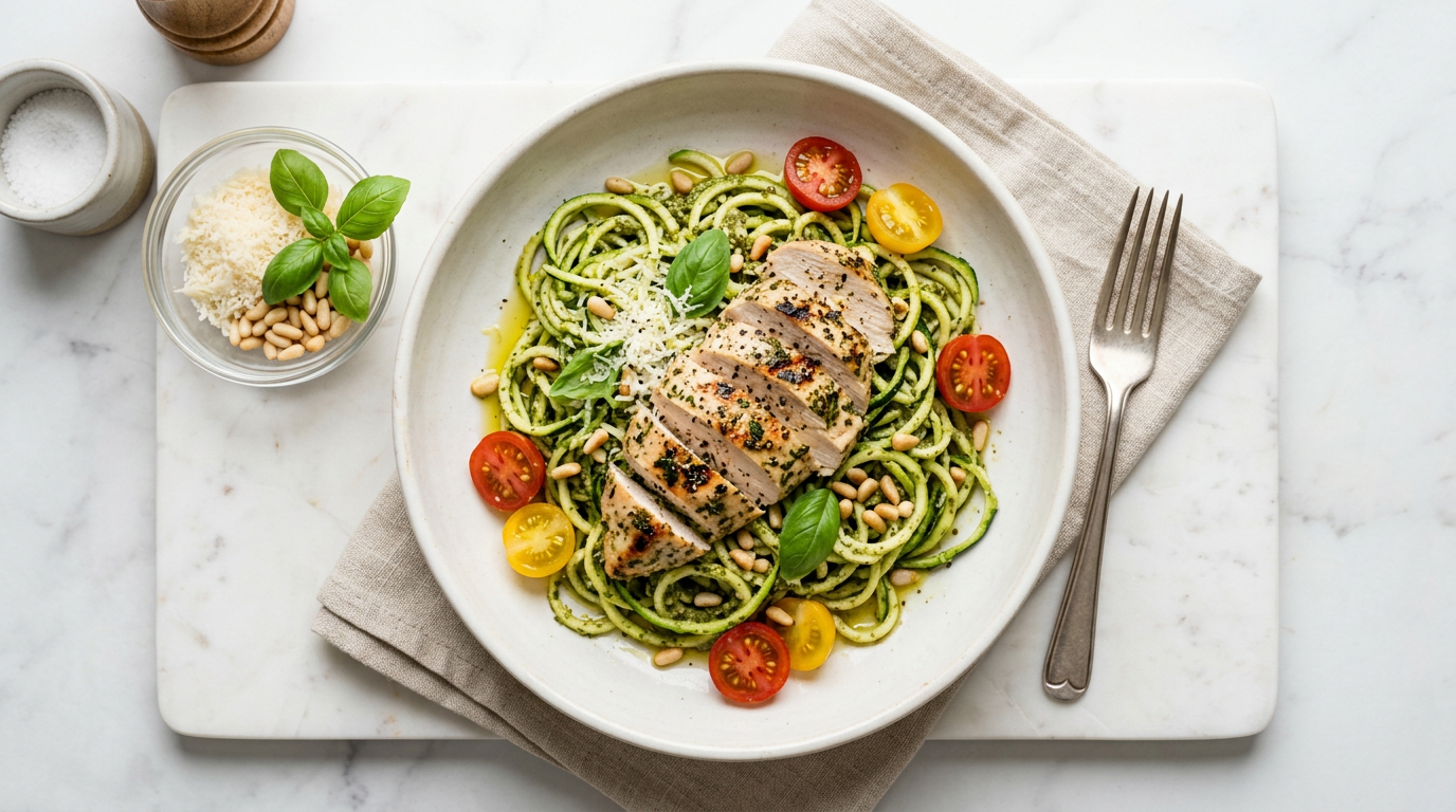 Zucchini Noodles with Pesto and Grilled Chicken