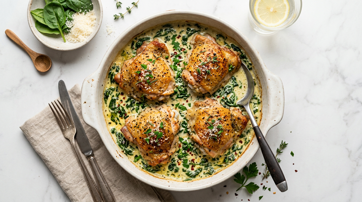 Baked Chicken Thighs with Creamy Spinach